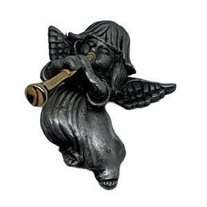 Vintage Daria Pewter Angel Brooch – Cherub Playing Gold Horn Pin